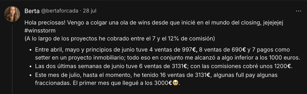 Berta: ola de wins desde que empezó en closing