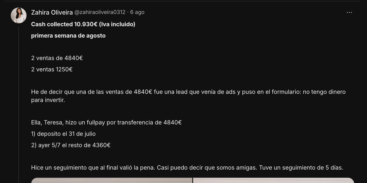Zahira: 10.930 € de cash collected en una semana