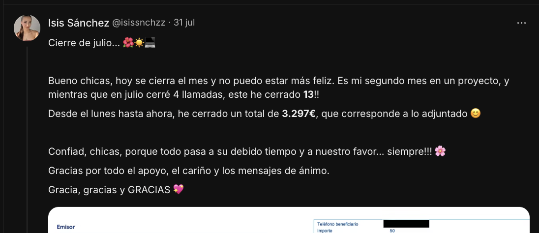 Isis: 13 llamadas cerradas y 3.297 € en julio