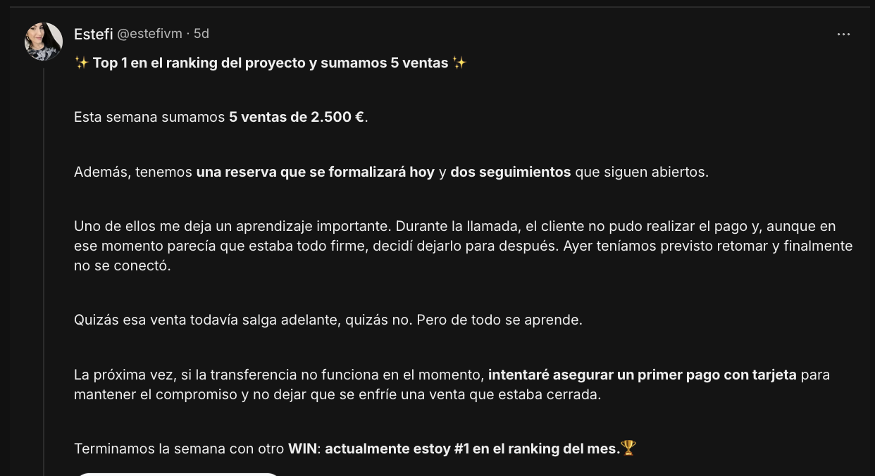 Estefi: top 1 del ranking y 5 ventas de 2.500 €